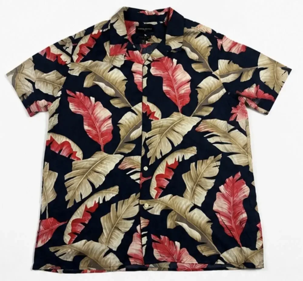 Banana Republic XL Tropical Hawaiian Camp Shirt Navy Leaf Print Viscose